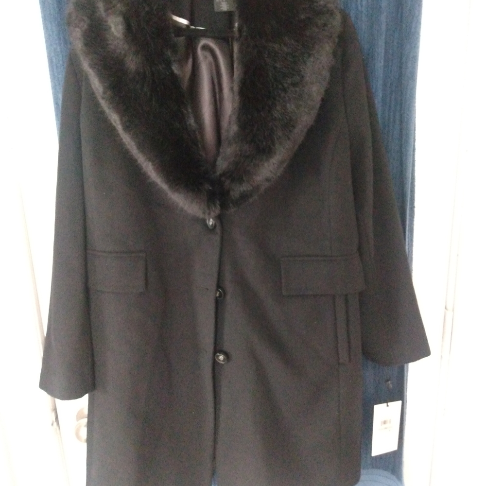 DKNY Black Women's Pea Coat with Fur Collar